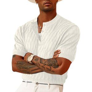 Men's White Knit Polo Shirts Short Sleeve Texture Henley Lightweight